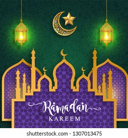 Ramadan Kareem or Eid mubarak 2019 greeting background Islamic with gold patterned and crystals on paper color background.( Translation : Ramadan Kareem ) 