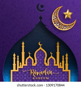 Ramadan Kareem or Eid mubarak 2019 greeting background Islamic with gold patterned and crystals on paper color background.( Translation : Ramadan Kareem ) 