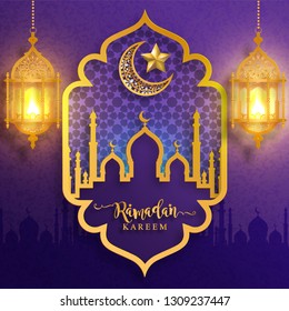 Ramadan Kareem oder Eid Mubarak 2019 Grußhintergrund Islamisch mit goldenem Muster und Kristallen auf Papierfarbhintergrund ( Übersetzung : Ramadan Kareem ) 