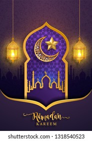 Ramadan Kareem o Eid mubarak 2019 saludando antecedentes islámicos con estampados dorados y cristales en el fondo de color de papel.( Traducción: Ramadan Kareem ) 