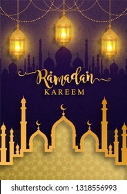 Ramadan Kareem or Eid mubarak 2019 greeting background Islamic with gold patterned and crystals on paper color background.( Translation : Ramadan Kareem ) 