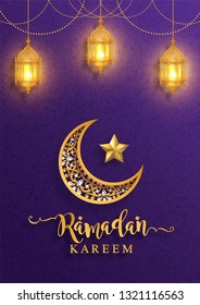 Ramadan Kareem or Eid mubarak 2019 greeting background Islamic with gold patterned and crystals on paper color background.( Translation : Ramadan Kareem ) 