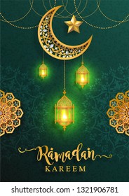 Ramadan Kareem or Eid mubarak 2019 greeting background Islamic with gold patterned and crystals on paper color background.( Translation : Ramadan Kareem ) 