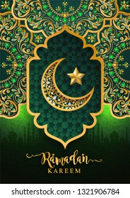 Ramadan Kareem or Eid mubarak 2019 greeting background Islamic with gold patterned and crystals on paper color background.( Translation : Ramadan Kareem ) 