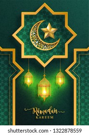 Ramadan Kareem or Eid mubarak 2019 greeting background Islamic with gold patterned and crystals on paper color background.( Translation : Ramadan Kareem ) 