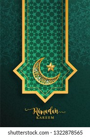 Ramadan Kareem or Eid mubarak 2019 greeting background Islamic with gold patterned and crystals on paper color background.( Translation : Ramadan Kareem ) 