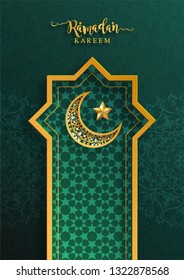 Ramadan Kareem or Eid mubarak 2019 greeting background Islamic with gold patterned and crystals on paper color background.( Translation : Ramadan Kareem ) 