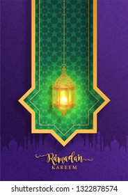 Ramadan Kareem or Eid mubarak 2019 greeting background Islamic with gold patterned and crystals on paper color background.( Translation : Ramadan Kareem ) 