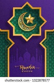 Ramadan Kareem or Eid mubarak 2019 greeting background Islamic with gold patterned and crystals on paper color background.( Translation : Ramadan Kareem ) 