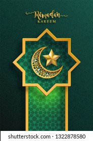 Ramadan Kareem or Eid mubarak 2019 greeting background Islamic with gold patterned and crystals on paper color background.( Translation : Ramadan Kareem ) 