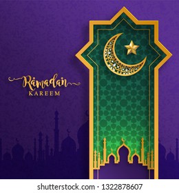 Ramadan Kareem or Eid mubarak 2019 greeting background Islamic with gold patterned and crystals on paper color background.( Translation : Ramadan Kareem ) 