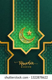 Ramadan Kareem or Eid mubarak 2019 greeting background Islamic with gold patterned and crystals on paper color background.( Translation : Ramadan Kareem ) 