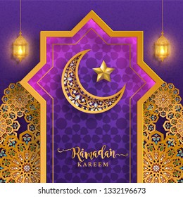 Ramadan Kareem or Eid mubarak 2019 greeting background Islamic with gold patterned and crystals on paper color background.( Translation : Ramadan Kareem ) 
