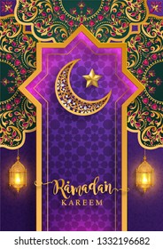Ramadan Kareem or Eid mubarak 2019 greeting background Islamic with gold patterned and crystals on paper color background.( Translation : Ramadan Kareem ) 