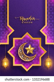 Ramadan Kareem or Eid mubarak 2019 greeting background Islamic with gold patterned and crystals on paper color background.( Translation : Ramadan Kareem ) 