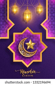 Ramadan Kareem or Eid mubarak 2019 greeting background Islamic with gold patterned and crystals on paper color background.( Translation : Ramadan Kareem ) 