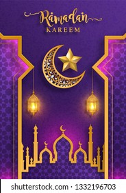 Ramadan Kareem or Eid mubarak 2019 greeting background Islamic with gold patterned and crystals on paper color background.( Translation : Ramadan Kareem ) 