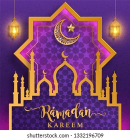 Ramadan Kareem or Eid mubarak 2019 greeting background Islamic with gold patterned and crystals on paper color background.( Translation : Ramadan Kareem ) 