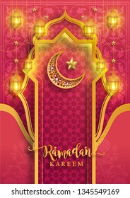 Ramadan Kareem or Eid mubarak 2019 greeting background Islamic with gold patterned and crystals on paper color background.( Translation : Ramadan Kareem ) 