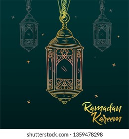 Ramadan Kareem or Eid mubarak 2019 greeting background Islamic with gold patterned background.( Translation : Ramadan Kareem )