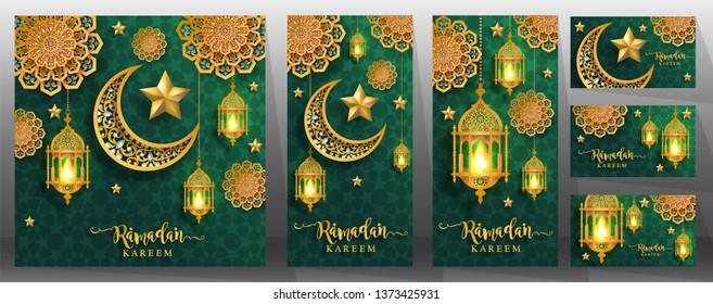 Ramadan Kareem or Eid mubarak 2019 greeting background Islamic with gold patterned and crystals on paper color background.( Translation : Ramadan Kareem ) 