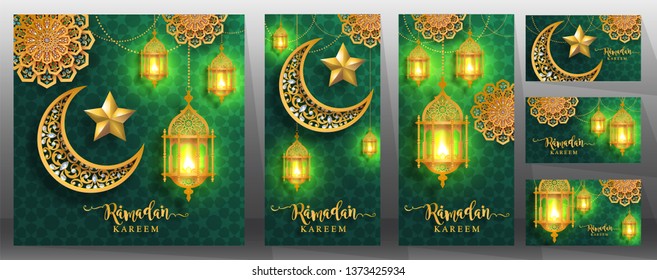 Ramadan Kareem or Eid mubarak 2019 greeting background Islamic with gold patterned and crystals on paper color background.( Translation : Ramadan Kareem ) 