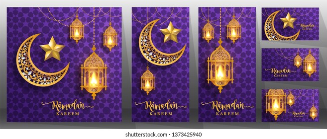 Ramadan Kareem or Eid mubarak 2019 greeting background Islamic with gold patterned and crystals on paper color background.( Translation : Ramadan Kareem ) 
