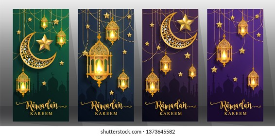Ramadan Kareem or Eid mubarak 2019 greeting background Islamic with gold patterned and crystals on paper color background.( Translation : Ramadan Kareem ) 