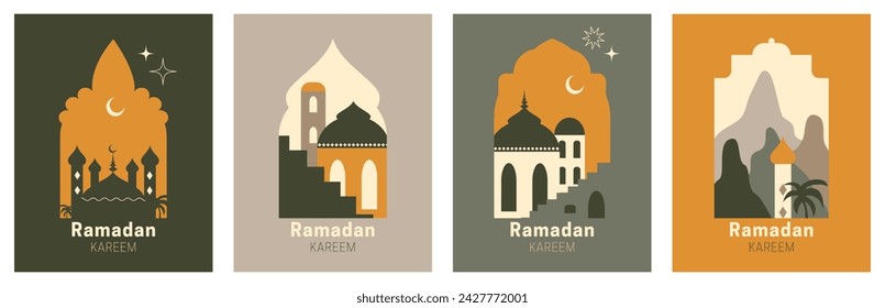 Ramadan Kareem Eid Mubarak abstraktes Vektordesign. Moderne Illustration mit Fenster, Bogen, Moschee Kuppel, Mondsichel. Islamische Hintergründe für Grußkarten, Poster