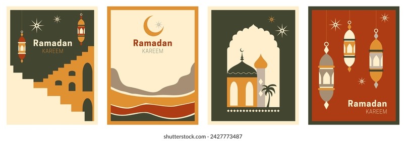 Ramadan Kareem Eid Mubarak diseño de vector abstracto. Ilustración moderna con ventana, arco, cúpula de la mezquita, luna creciente. Fondos islámicos para tarjetas de felicitación, carteles