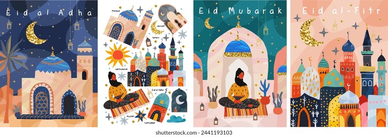 Ramadan Kareem. Eid Mubarak. Eid al Adha. Eid al Fitr. Vector illustration of mosque, muslim hijab, traditional lantern, city, street, crescent for greeting card, poster or background