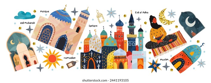 Ramadán Kareem. Eid Mubarak. Eid al Adha. Eid al Fitr. Ilustración vectorial de mezquita, hijab musulmán, linterna tradicional, ciudad, calle, media luna para tarjeta de felicitación, cartel o fondo