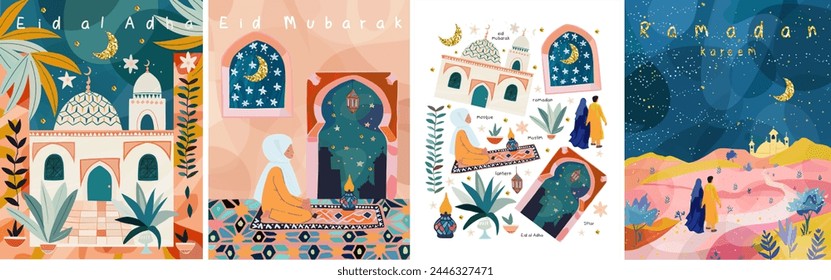 Ramadán Kareem. Eid Mubarak. Eid al Adha. Eid al Fitr. Ilustración vectorial de una mezquita en la ciudad, una mujer musulmana rezando cerca de la ventana, un par de personas caminando en la naturaleza del desierto en busca de tarjetas