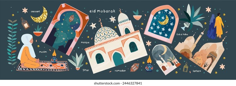 Ramadan Kareem. Eid Mubarak. Eid al Adha. Eid al Fitr.Vector illustration of a mosque , a Muslim woman praying, window, people, arch, crescent, building, city for greeting card or banner