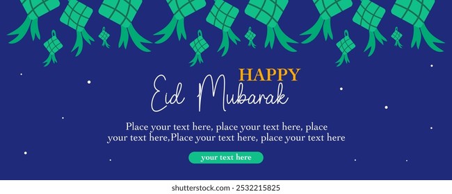 Ramadan Kareem, Eid Mubarak, Eid al Adha e Eid al Fitr ilustração horizontal plana mínima com caligrafia, ketupat e fundo azul geométrico para banner, cartão de saudação, cartaz, mídias sociais