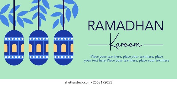 Ramadan Kareem, Eid Mubarak, Eid al Adha, and Eid al Fitr minimalist greeting with lantern, leaves, turquoise background for sale, advertisement, promotion, banner, card, poster. Vector illustration.