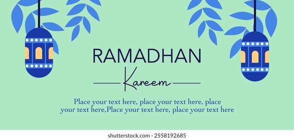 Ramadan Kareem, Eid Mubarak, Eid al Adha, and Eid al Fitr minimalist greeting with lantern, leaves, turquoise background for sale, advertisement, promotion, banner, card, poster. Vector illustration.