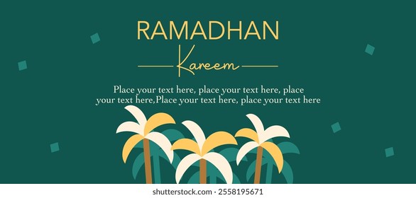 Ramadan Kareem, Eid Mubarak, Eid al Adha, and Eid al Fitr creative greeting with palm tree on green background good for sale, advertisement, promotion, banner, card, poster. Flat vector illustration.
