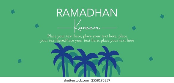 Ramadan Kareem, Eid Mubarak, Eid al Adha, and Eid al Fitr creative greeting with palm tree on green background good for sale, advertisement, promotion, banner, card, poster. Flat vector illustration.