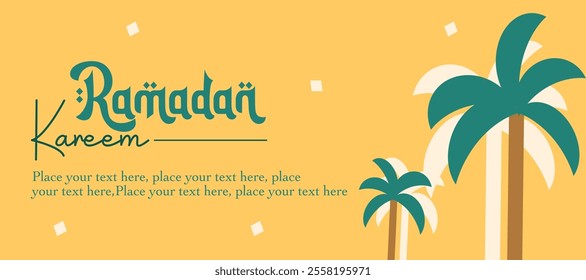 Ramadan Kareem, Eid Mubarak, Eid al Adha, and Eid al Fitr creative greeting with palm tree on yellow background good for sale, advertisement, promotion, banner, card, poster. Flat vector illustration.