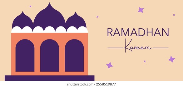 Ramadan Kareem, Eid Mubarak, Eid al Adha, and Eid al Fitr greeting with calligraphy, star, mosque on cream horizontal background for banner, greeting card, poster, social media. Vector illustration.
