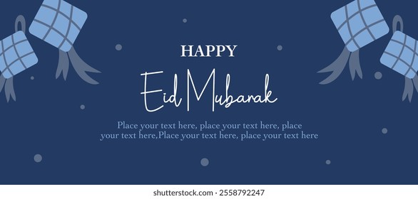 Ramadan Kareem, Eid Mubarak, Eid al Adha, and Eid al Fitr  with ketupat, calligraphy, typography on blue background for invitation, banner, greeting card, poster, social media. Vector illustration