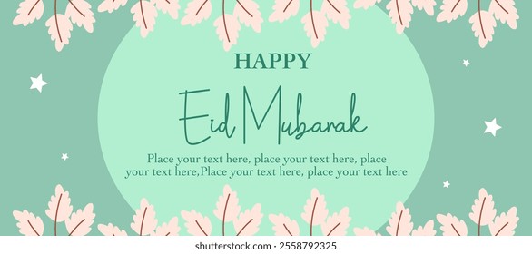 Ramadan Kareem, Eid Mubarak, Eid al Adha, and Eid al Fitr with leaves, calligraphy, typography on green background for invitation, banner, greeting card, poster, social media. Vector illustration