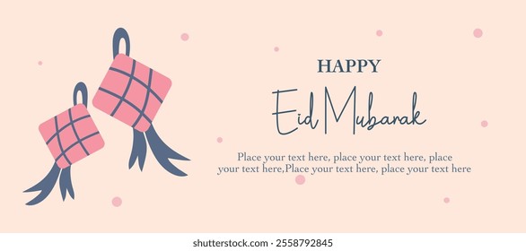 Ramadan Kareem, Eid Mubarak, Eid al Adha, and Eid al Fitr  with ketupat, calligraphy, typography on cream background for invitation, banner, greeting card, poster, social media. Vector illustration
