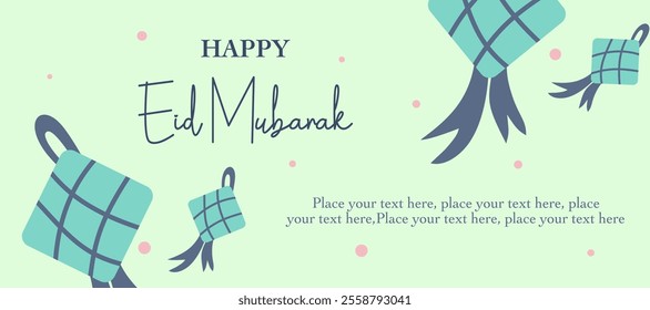 Ramadan Kareem, Eid Mubarak, Eid al Adha, and Eid al Fitr  with ketupat, calligraphy, typography on green background for invitation, banner, greeting card, poster, social media. Vector illustration