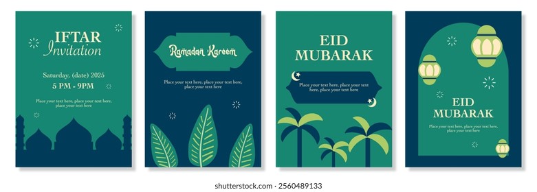 Ramadan Kareem, Eid Mubarak, Eid al Adha, Eid al Fitr set illustration with mosque, lanterns, typography, minimal on blue and green background for banner, cover, greeting card, poster, social media.