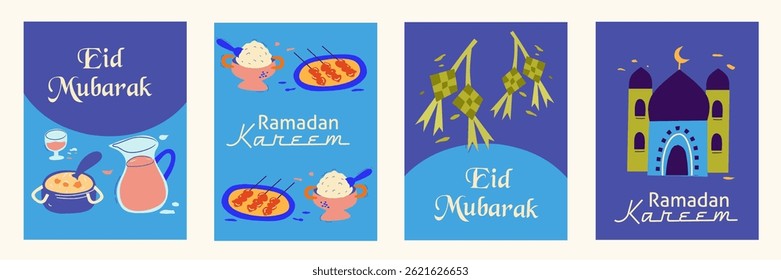 Ramadan Kareem, Eid Mubarak, Eid al Adha, Eid al Fitr set illustration with mosque, lanterns, typography, ketupat, food, drink on blue background for banner, cover, greeting card, poster, social media