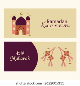 Ramadan Kareem, Eid Mubarak, Eid al Adha, Eid al Fitr set illustration template with mosque, typography, ketupat on vintage horizontal background for banner, cover, greeting card, poster, social media
