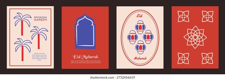Ramadan Kareem, Eid Mubarak, Eid al Adha, Eid al Fitr set ilustração. Ornamento islâmico, lanterna, texto, quadro, tipografia, fundo mínimo para banner, capa, cartão, cartaz, mídia social.
