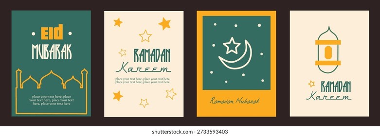 Ramadan Kareem, Eid Mubarak, Eid al Adha, Eid al Fitr set illustration. Islamic ornament, mosque, text, frame, typography, minimal background for banner, cover, greeting card, poster, social media.	